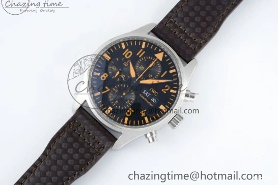 MIROTIME 0126 Pilot Chrono SS AZF 1:1 Best Edition Black Dial Orange Markers on Brown Leather Strap A EasyCare 7065